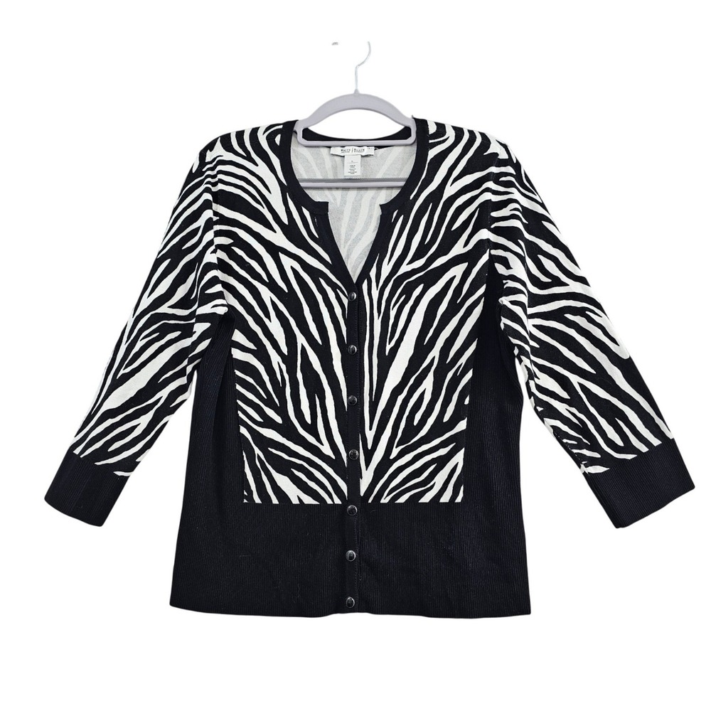 White House Black Market Cardigan Women Large Black White Zebra Print Button Up